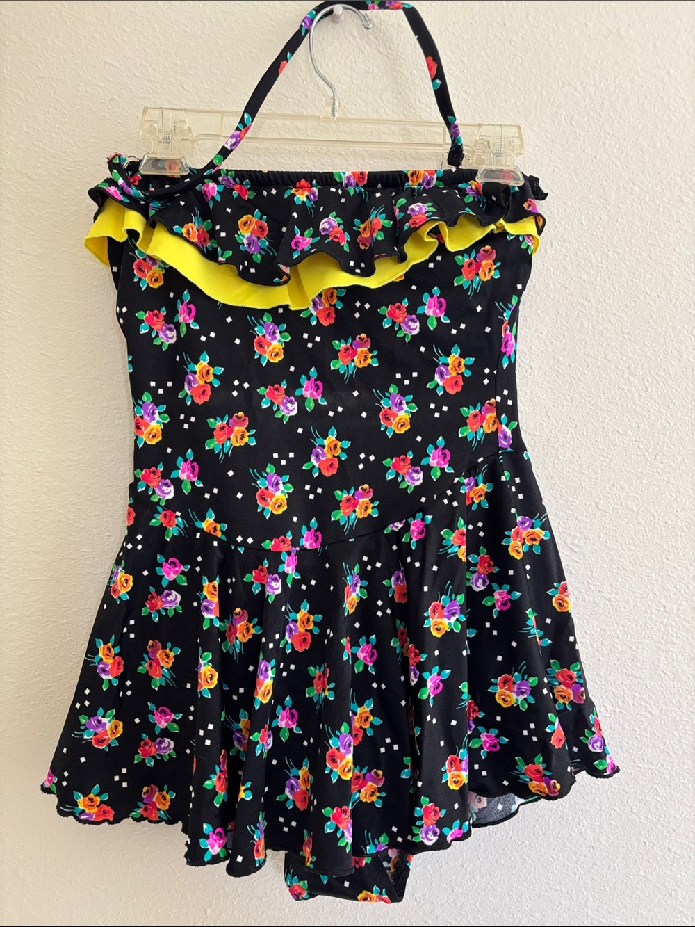 Womens Black Floral Ruffle Swim Dress with Yellow Accent